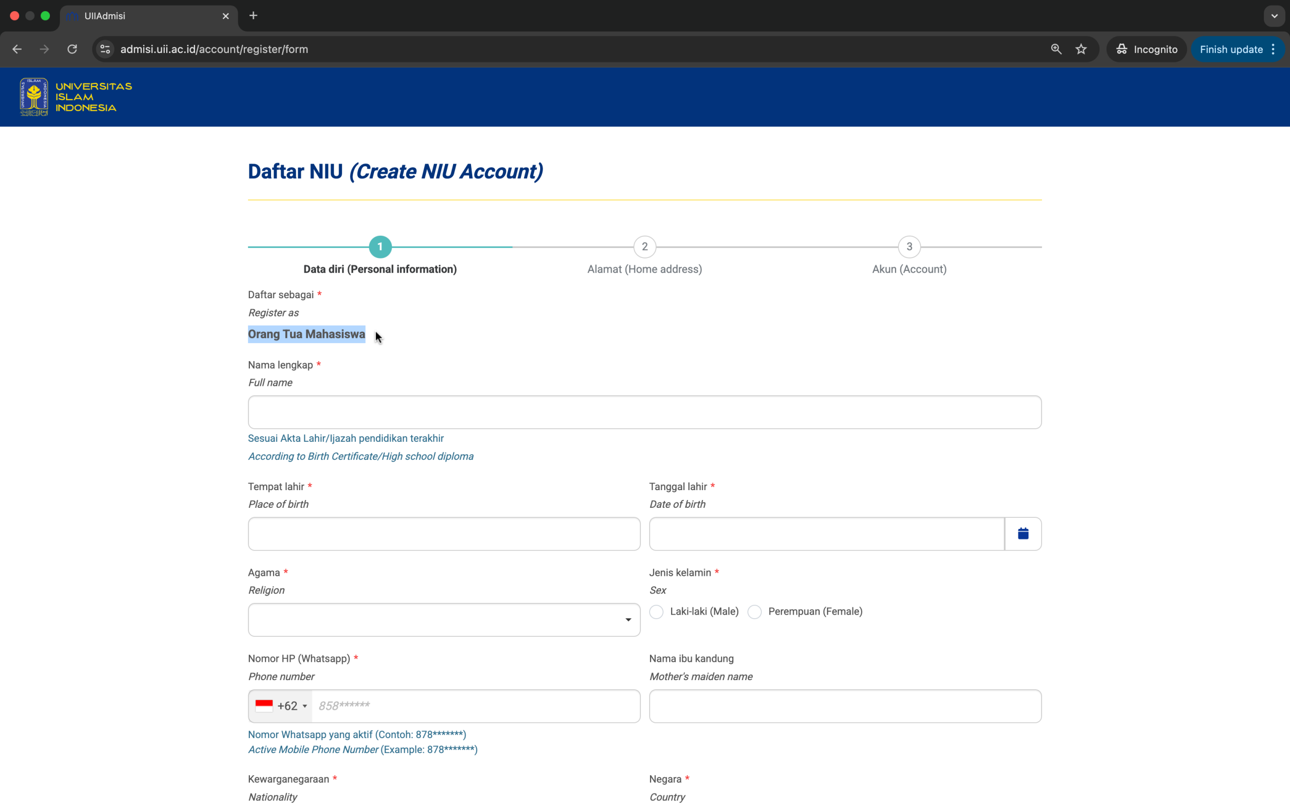 Formulir pengisian data diri