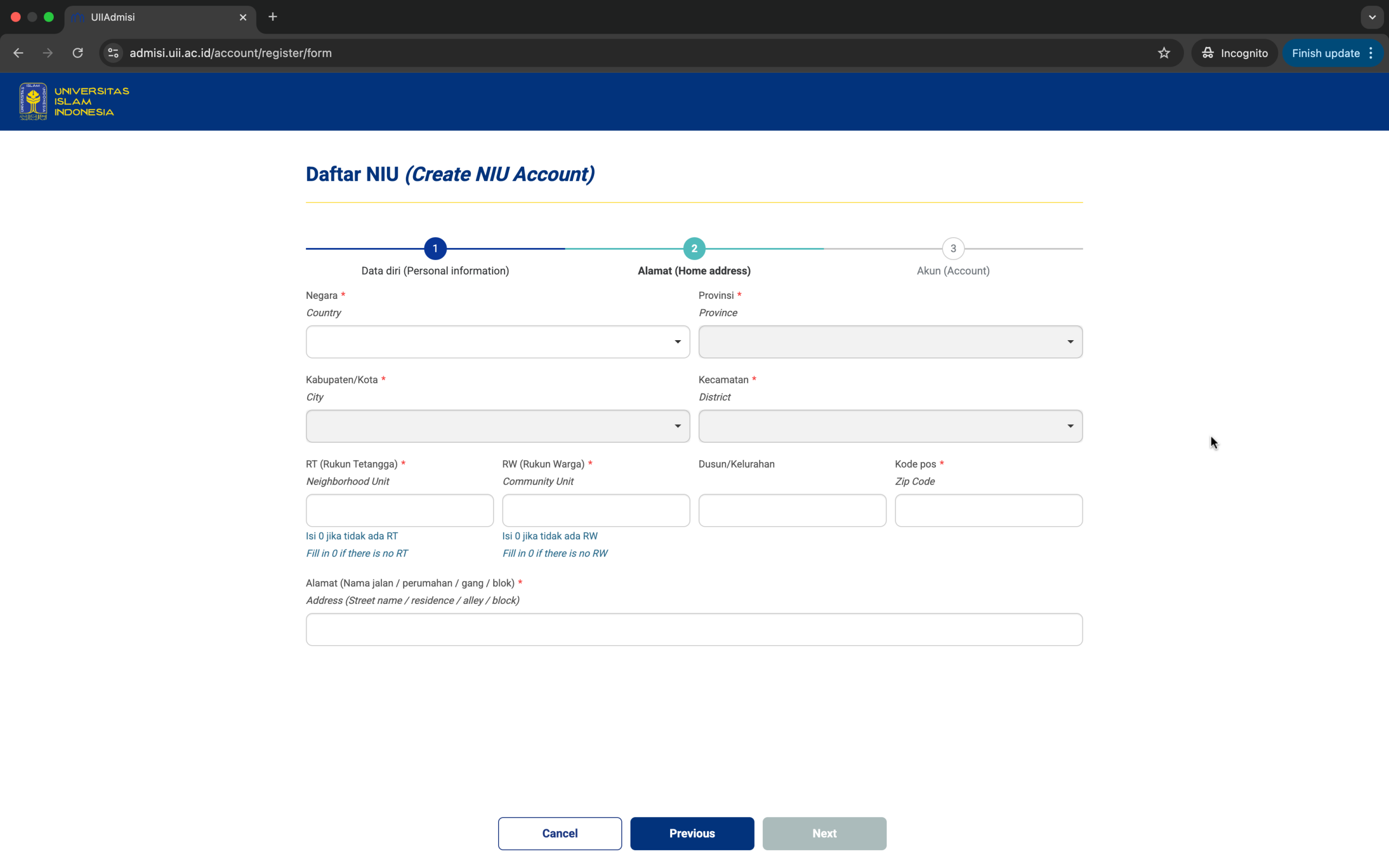 Formulir pengisian alamat dan kontak