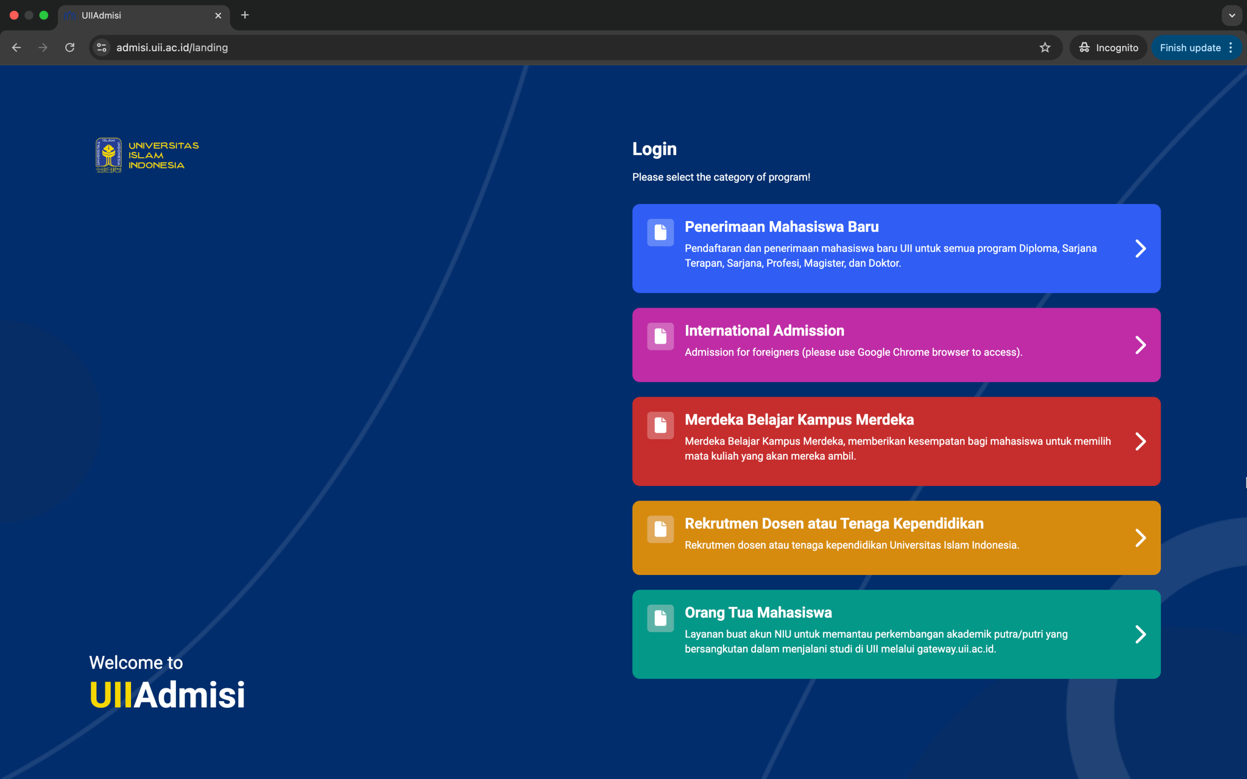 Tampilan halaman admisi UII